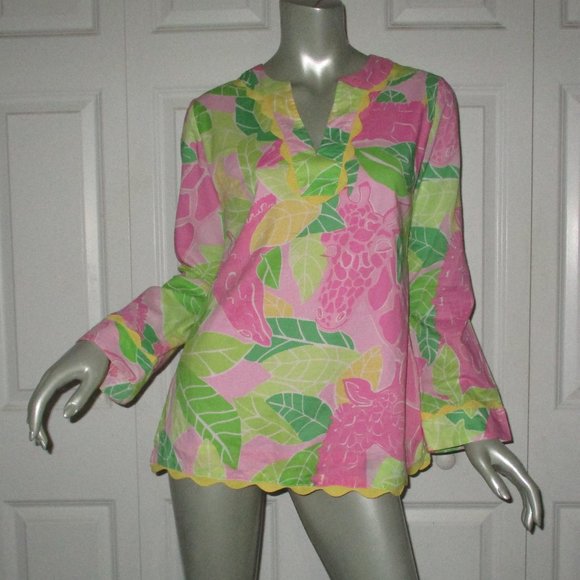 LILLY PULITZER Pink & Green Print Long Sleeve Top Scallop Details - Picture 1 of 7